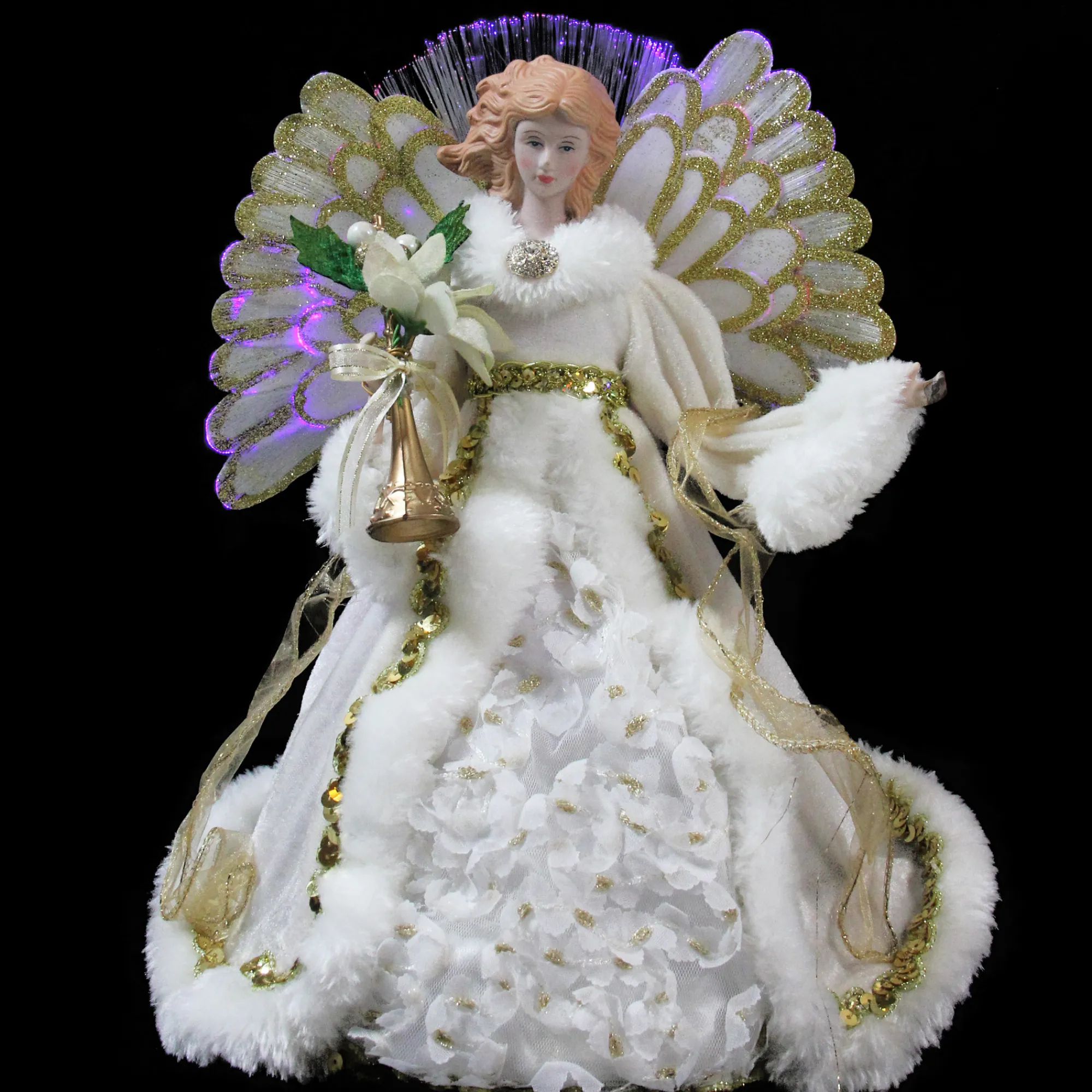 Northlight Angels-14" Lighted Fiber Optic Angel In Cream And Gold Gown Christmas Tree Topper