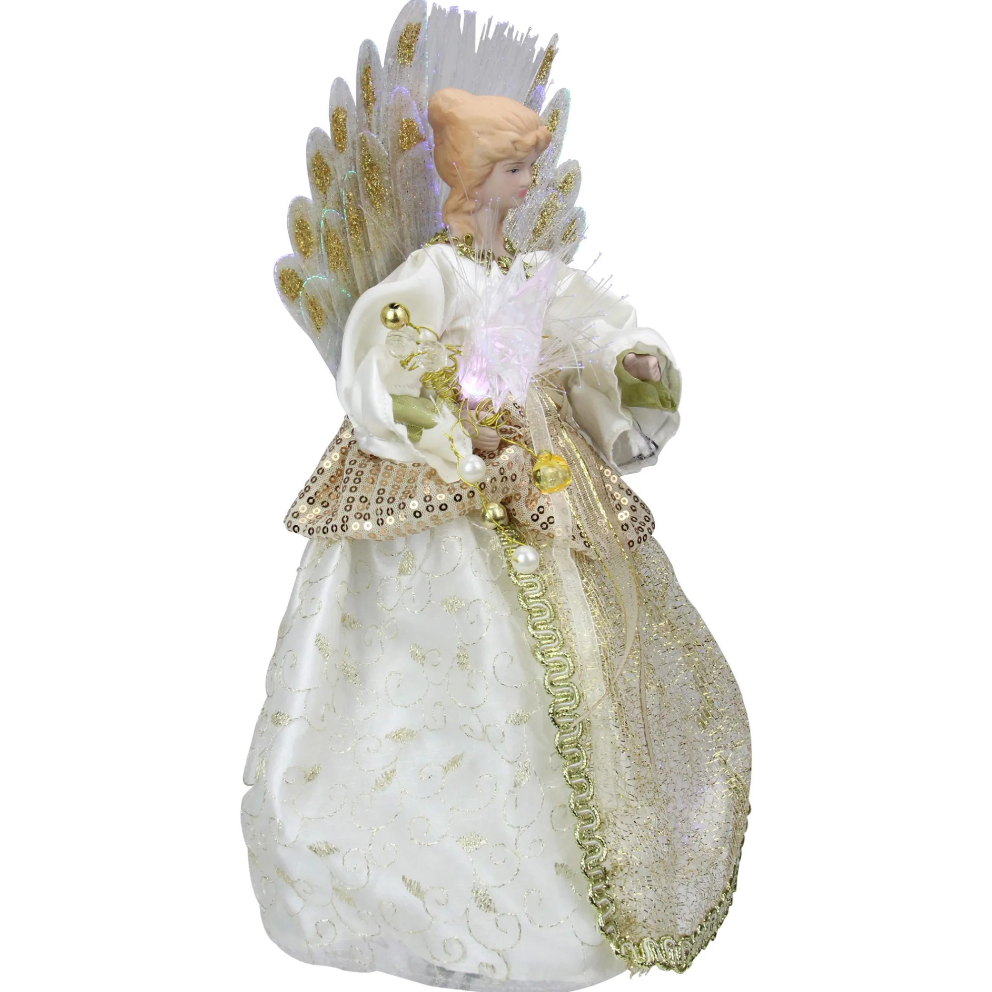 Kurt Adler Angels-12" Lighted Gold And Ivory Angel Tree Topper - Multicolor Fiber Optic Lights