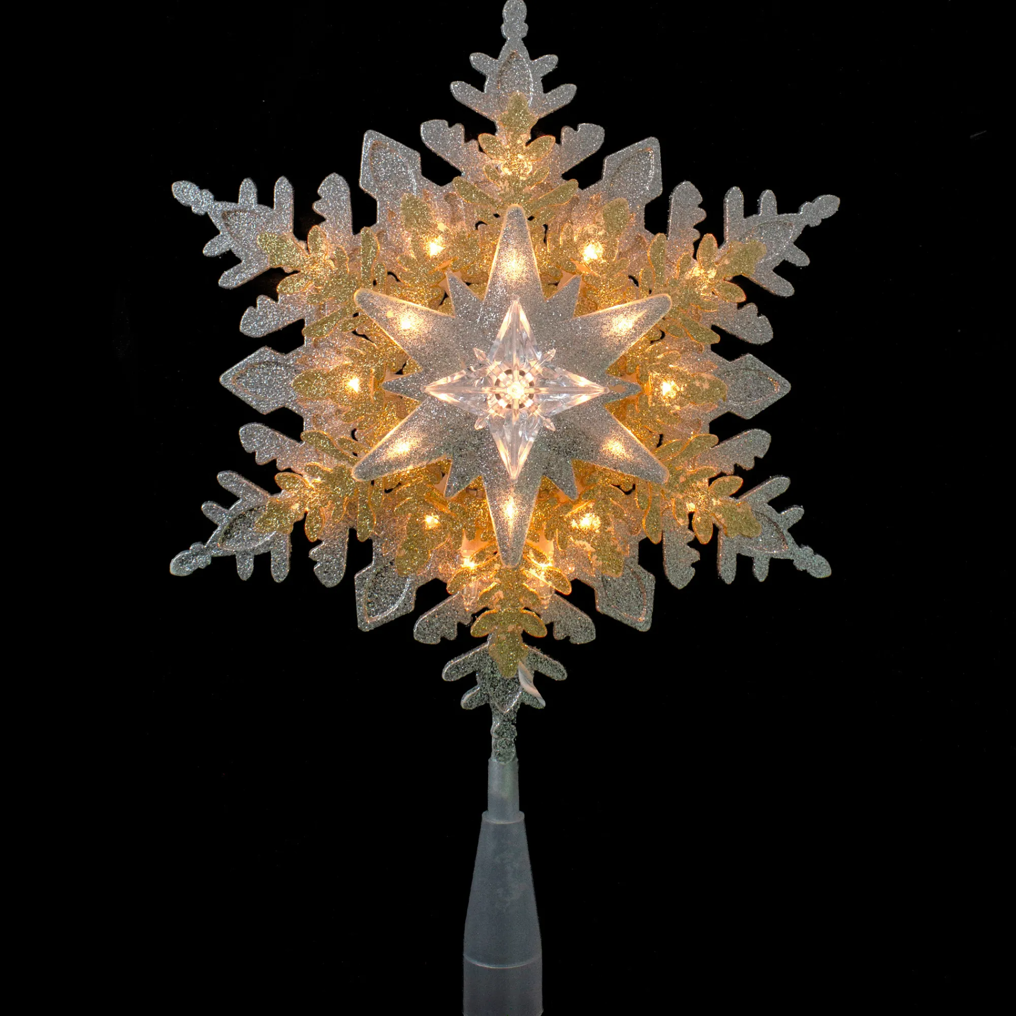 Northlight Snowflake-13.5" Lighted Gold And Silver 3 Layer Snowflake Christmas Tree Topper - Clear Lights