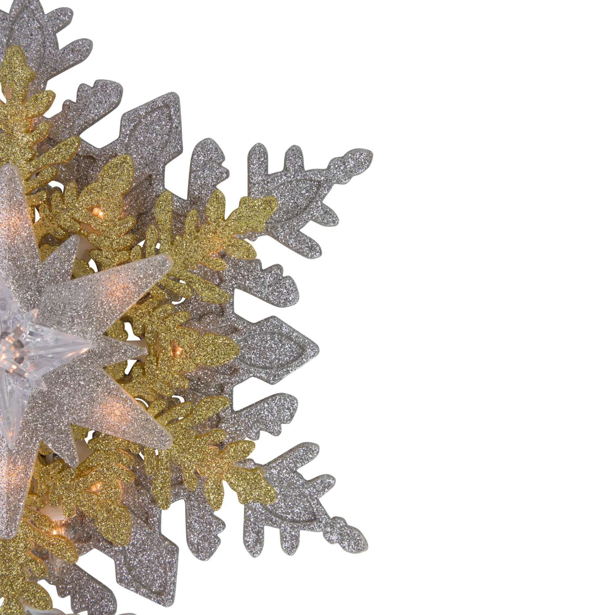 Northlight Snowflake-13.75" Lighted Gold And Silver Snowflake Christmas Tree Topper, Clear Lights