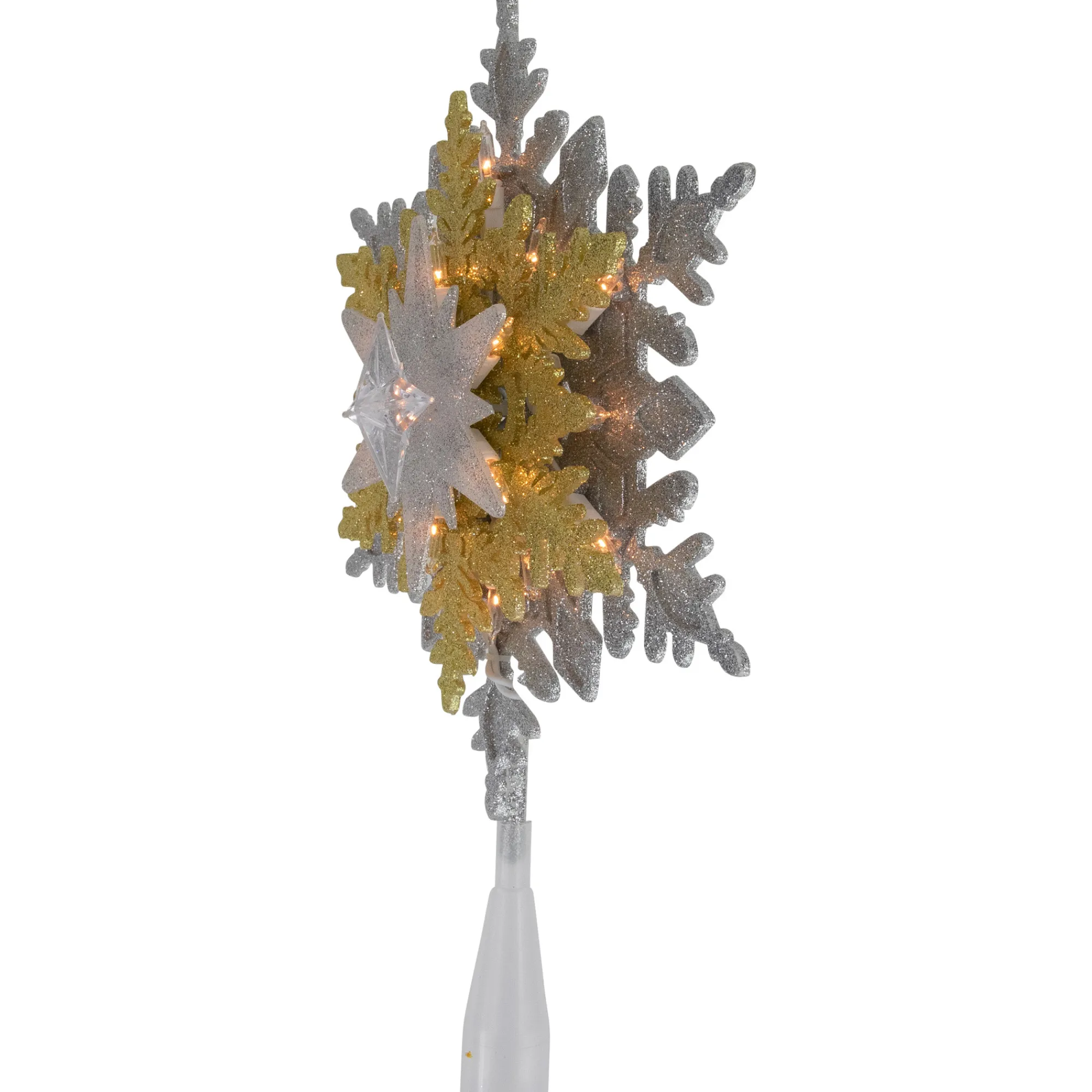 Northlight Snowflake-13.75" Lighted Gold And Silver Snowflake Christmas Tree Topper, Clear Lights