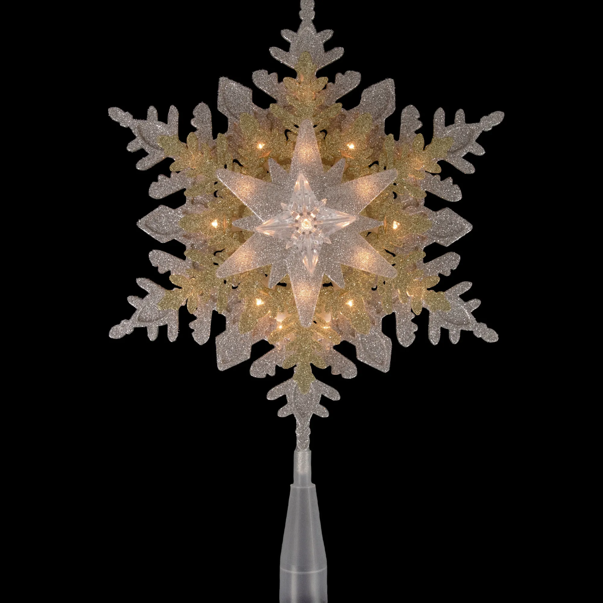 Northlight Snowflake-13.75" Lighted Gold And Silver Snowflake Christmas Tree Topper, Clear Lights