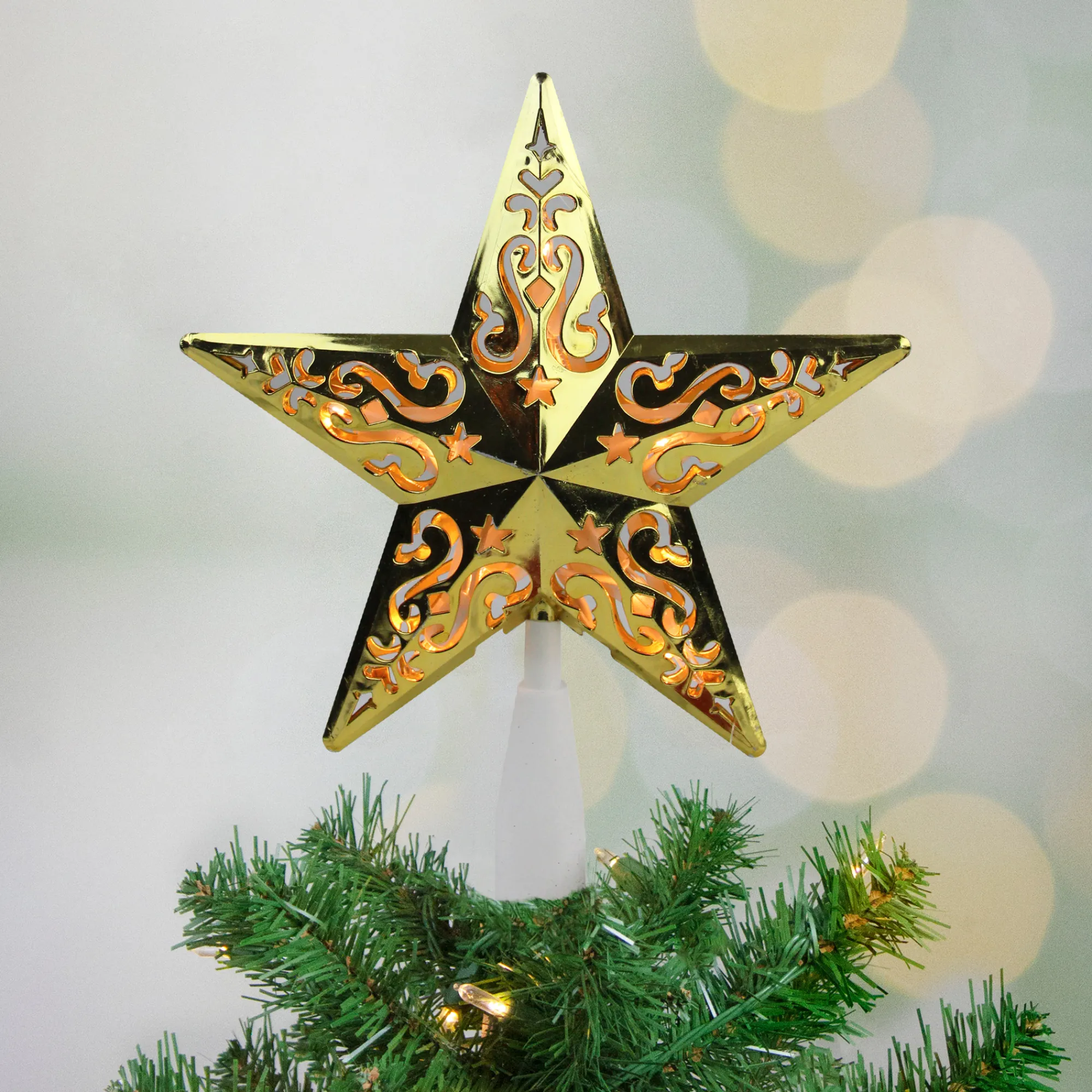 Northlight Stars-8.5" Lighted Gold And White Star Cut-Out Design Christmas Tree Topper - Clear Lights