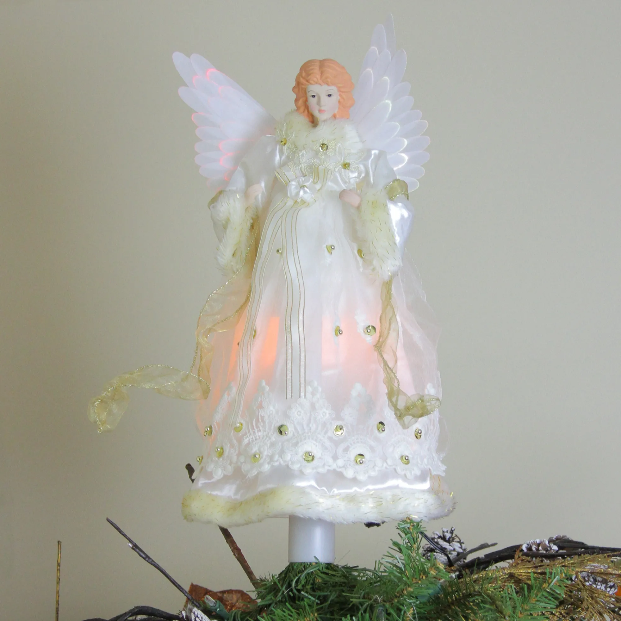 Kurt Adler Angels-16" Lighted Gold Fiber Optic Animated Porcelain Angel Christmas Tree Topper