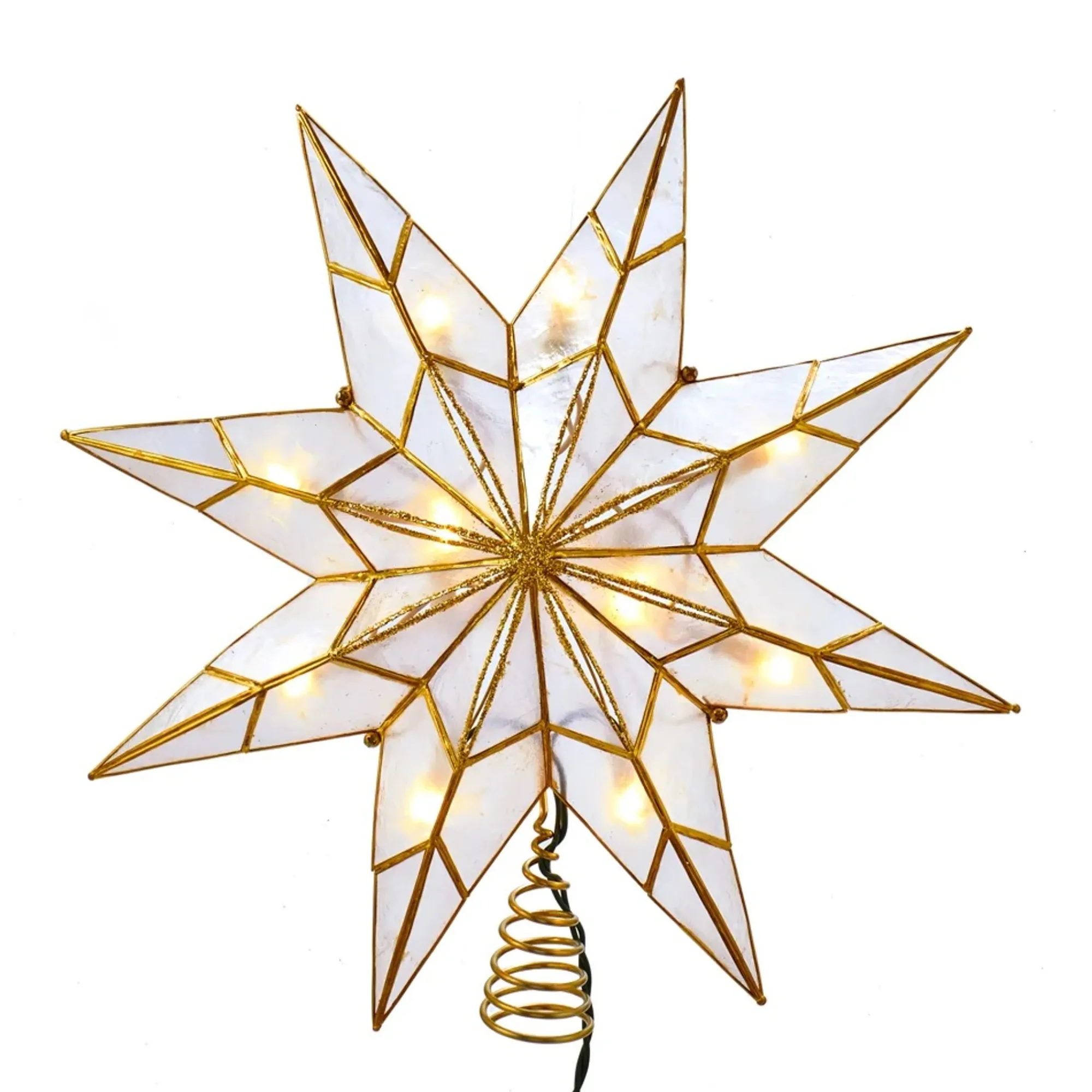 KSA Stars-14" Lighted Gold Glitter Star With Gold Edge Christmas Tree Topper, Clear Lights