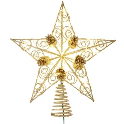 KSA Stars-12.5" Lighted Gold Star With Pinecone Christmas Tree Topper, Warm White Lights