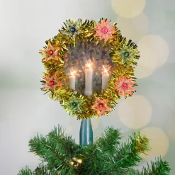 Northlight Stars-7" Lighted Gold Tinsel Wreath With Candles Christmas Tree Topper - Multi Lights