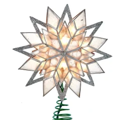KSA Stars-9.5 Lighted Green And Silver Glittered Star Christmas Tree Topper, White Lights