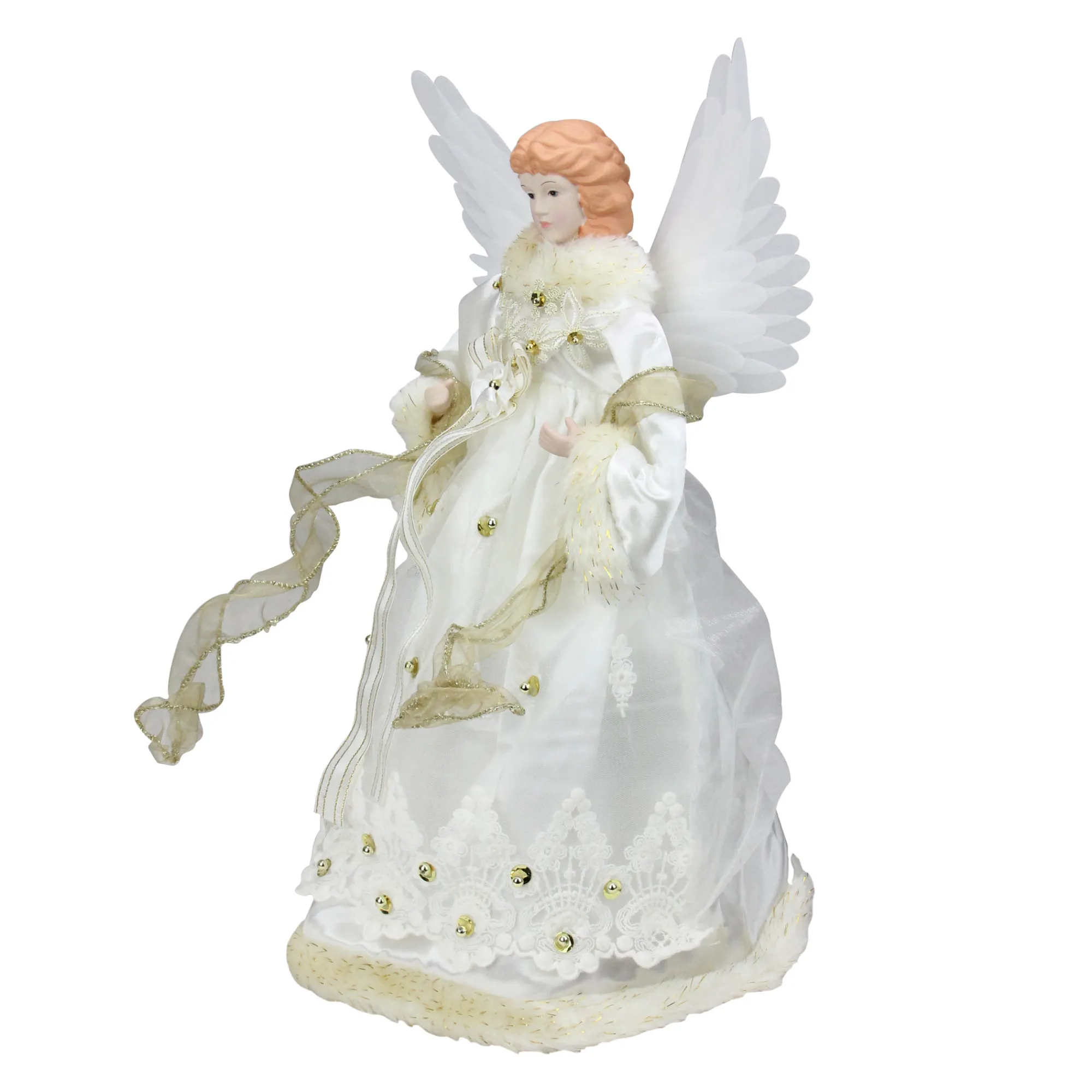KSA Angels-14" Lighted Ivory And Gold Fiber Optic Animated Angel Christmas Tree Topper