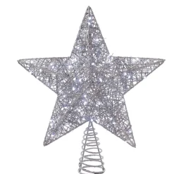 KSA Stars-15.5" Lighted Led Silver Glittered Star Christmas Tree Topper, Cool White Lights