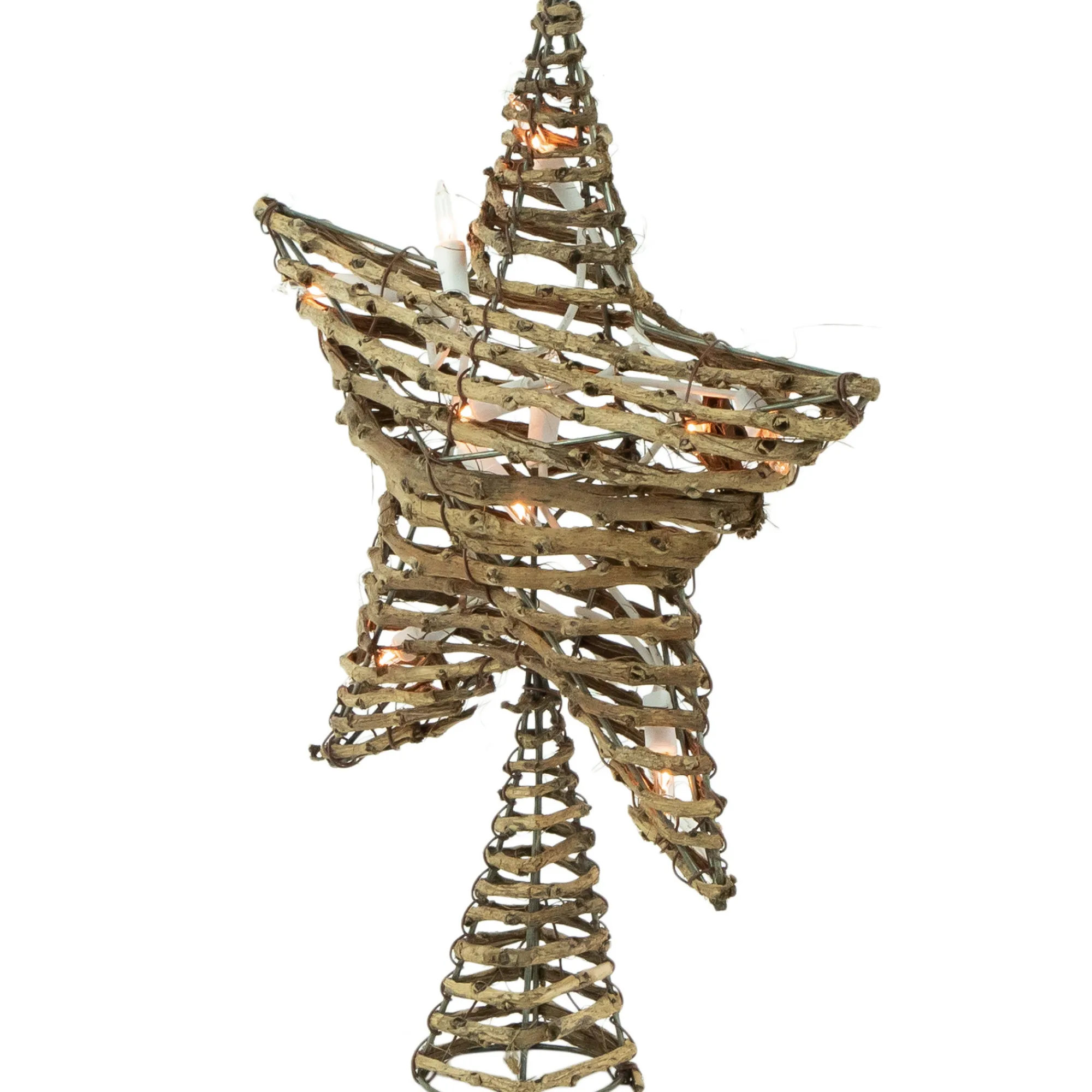 Northlight Stars-11" Lighted Rattan Twigs Star Christmas Tree Topper- Clear Lights, White Wire