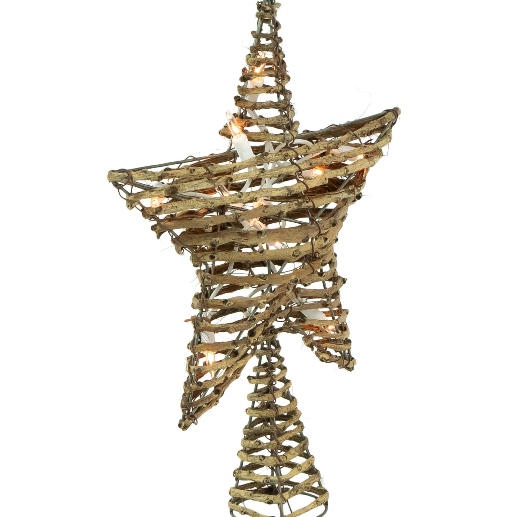 Northlight Stars-11" Lighted Rattan Twigs Star Christmas Tree Topper- Clear Lights, White Wire