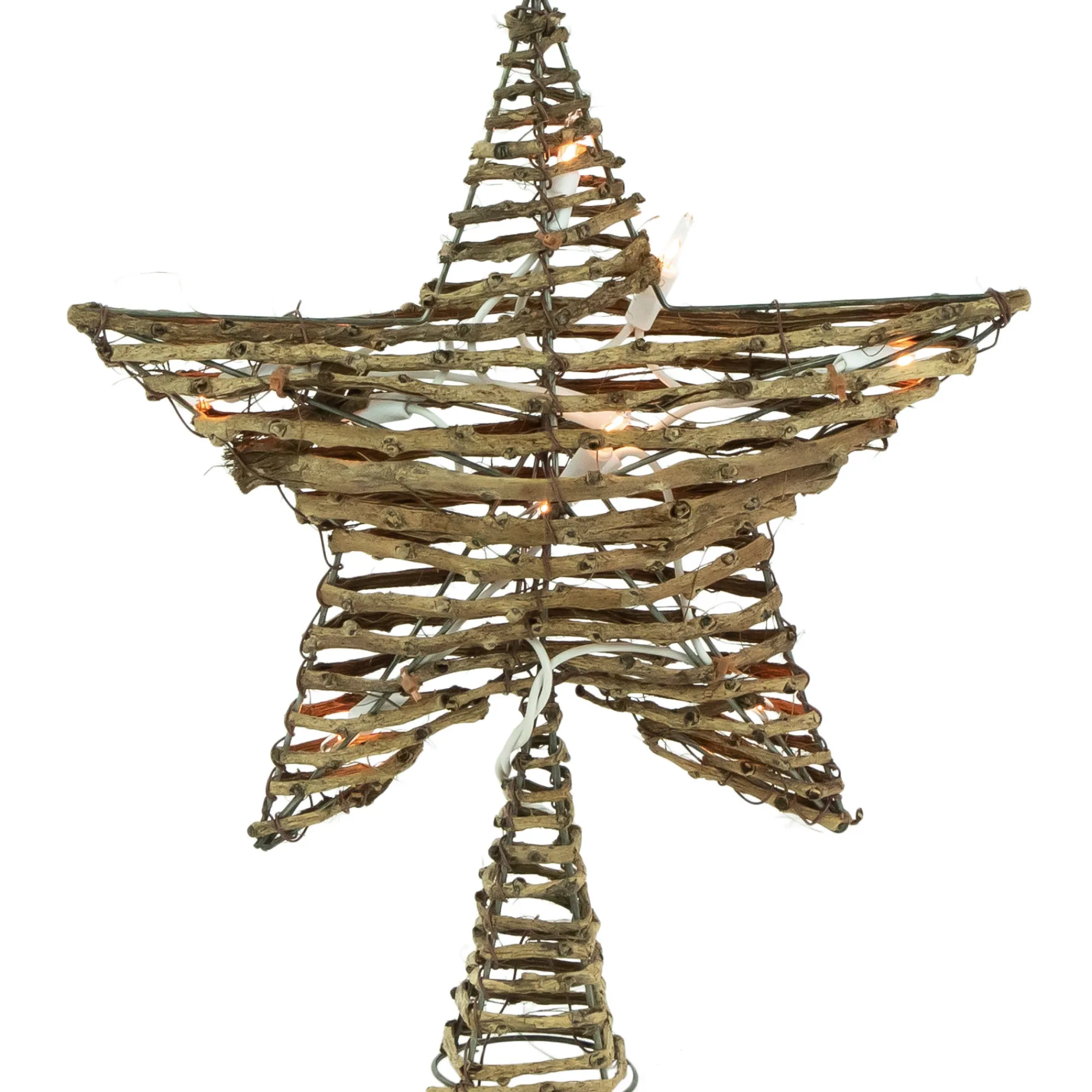 Northlight Stars-11" Lighted Rattan Twigs Star Christmas Tree Topper- Clear Lights, White Wire