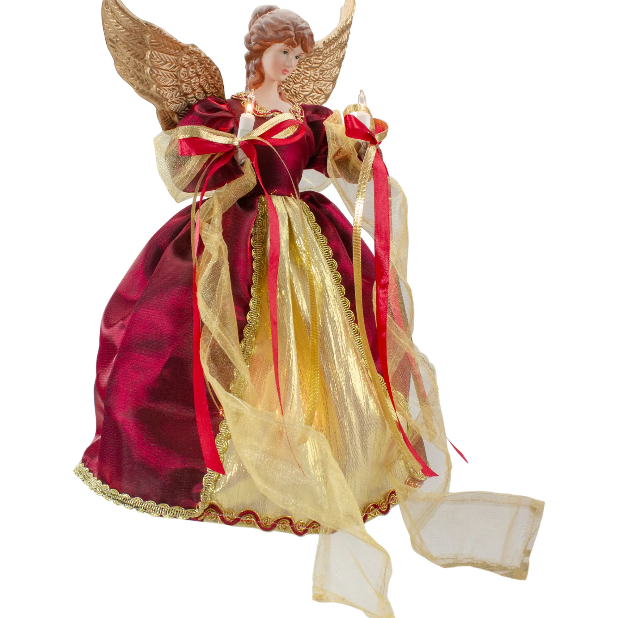 Northlight Angels-13.5" Lighted Red And Gold Angel With Wings Christmas Tree Topper - Clear Lights