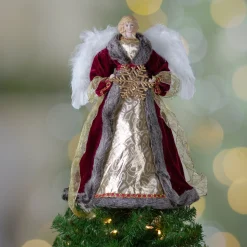 Northlight Angels-18" Lighted Red And Gold Angel In A Dress Christmas Tree Topper - Warm White Lights