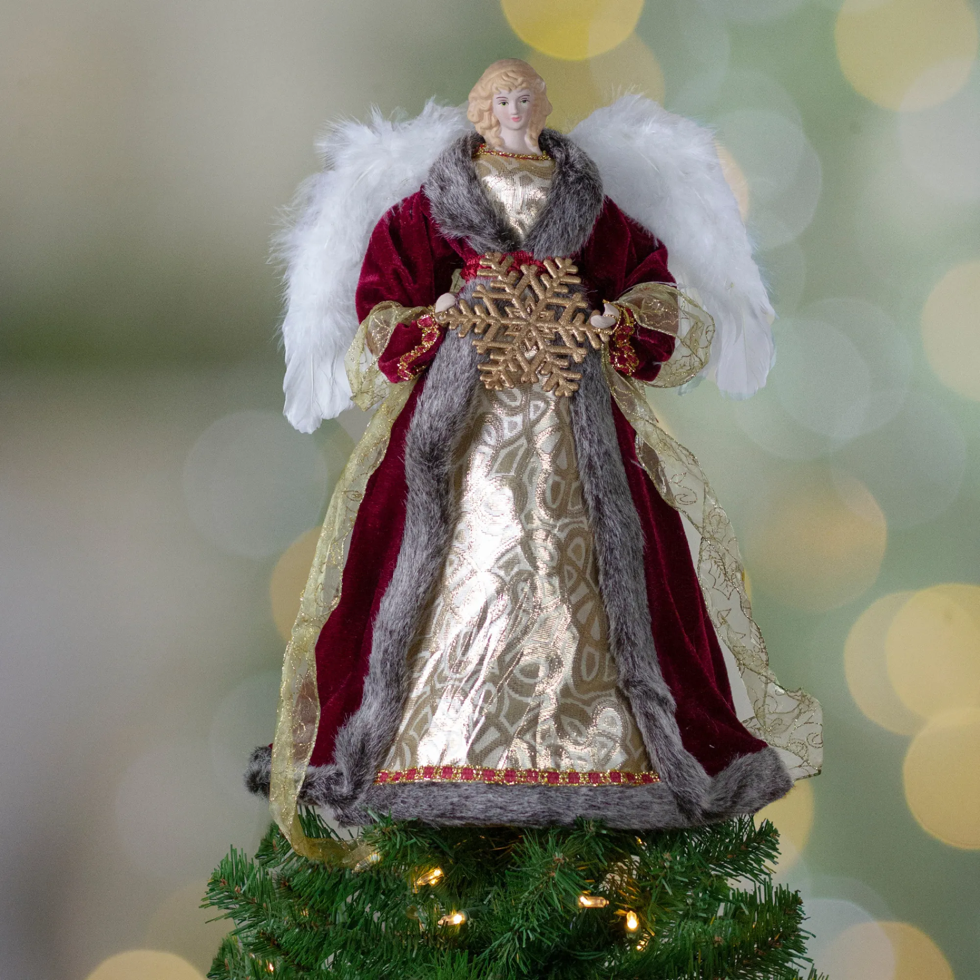 Northlight Angels-18" Lighted Red And Gold Angel In A Dress Christmas Tree Topper - Warm White Lights