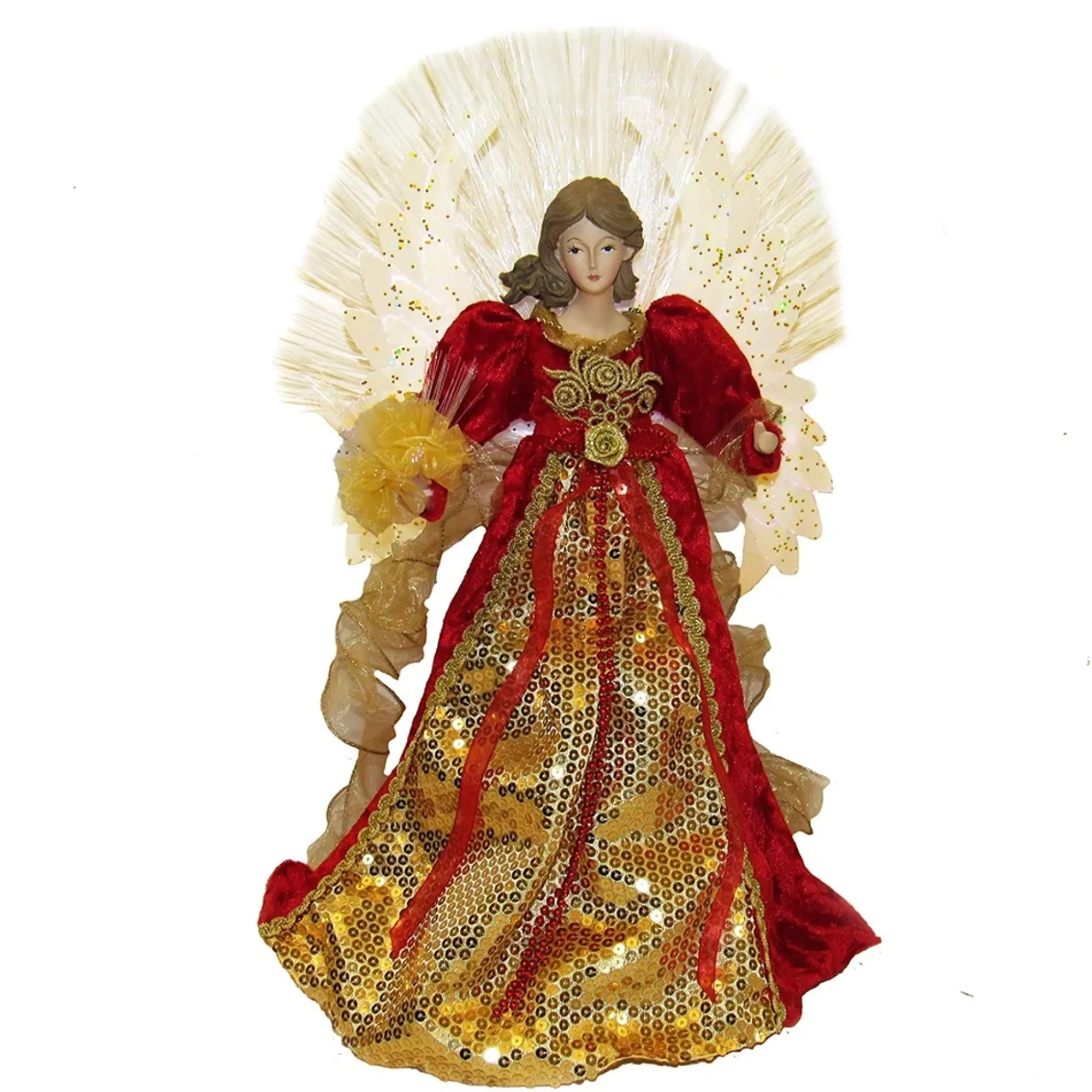 KSA Stars-19" Lighted Red And Gold Angel Design Christmas Tree Topper, Warm White Lights