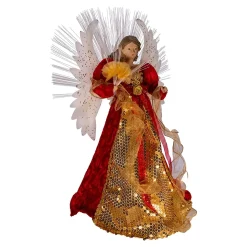 KSA Stars-19" Lighted Red And Gold Angel Design Christmas Tree Topper, Warm White Lights