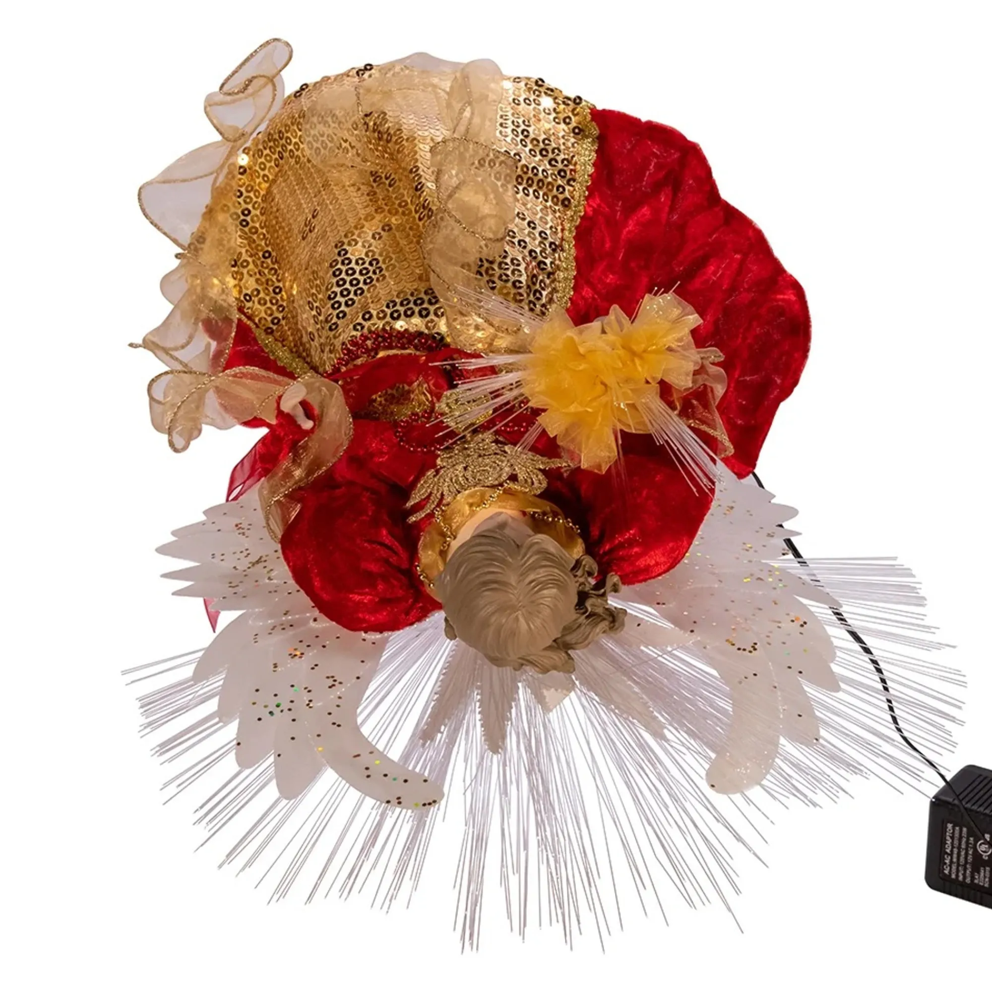 KSA Stars-19" Lighted Red And Gold Angel Design Christmas Tree Topper, Warm White Lights