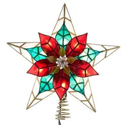 KSA Stars-13" Lighted Red And Gold Poinsettia Star Christmas Tree Topper, Multicolor Lights