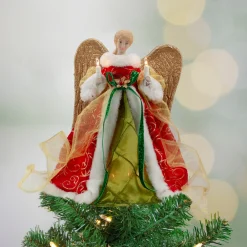 Northlight Angels-12" Lighted Red And Green Angel With Wings Christmas Tree Topper - Clear Lights