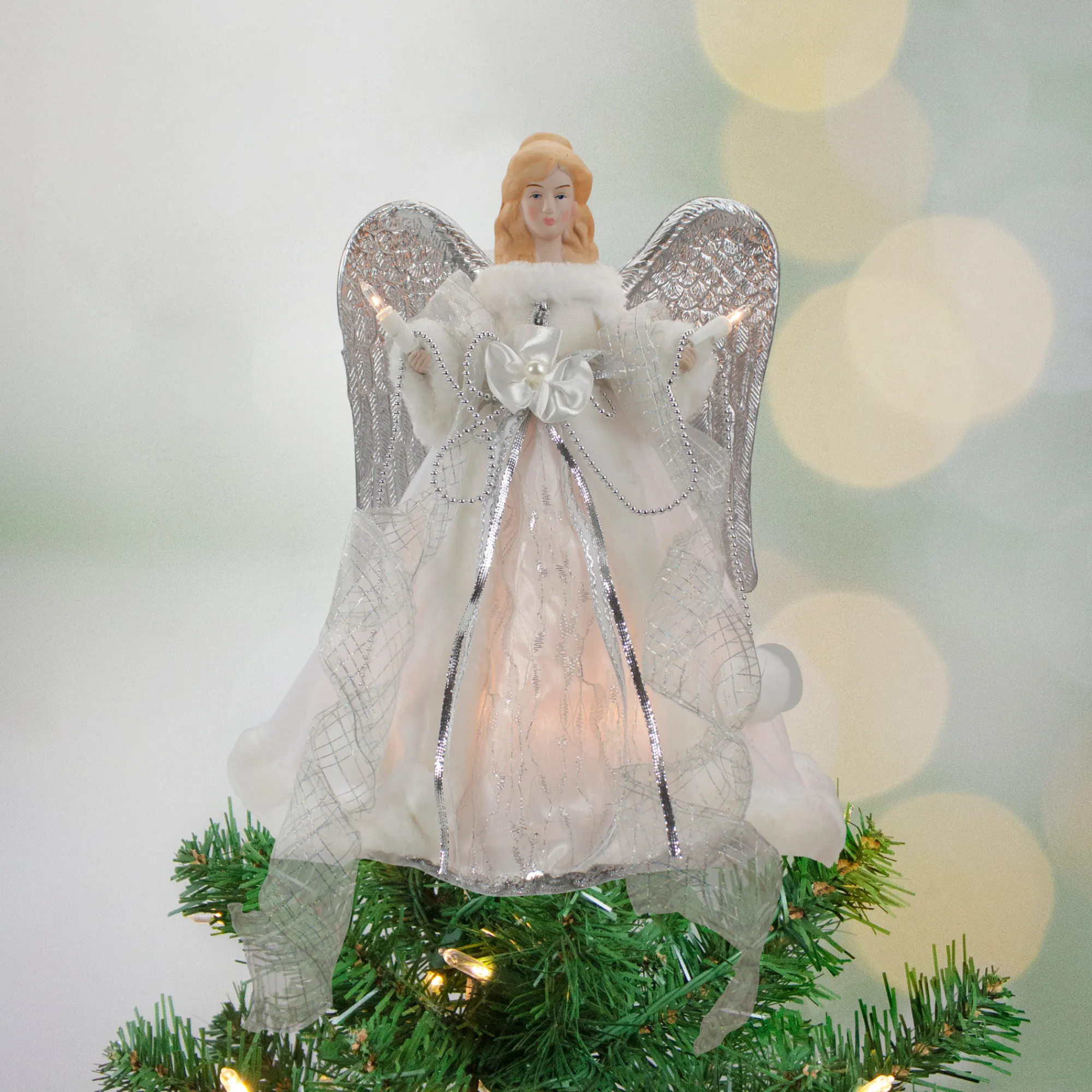 Northlight Angels-12" Lighted Silver And White Angel With Wings Christmas Tree Topper - Clear Lights