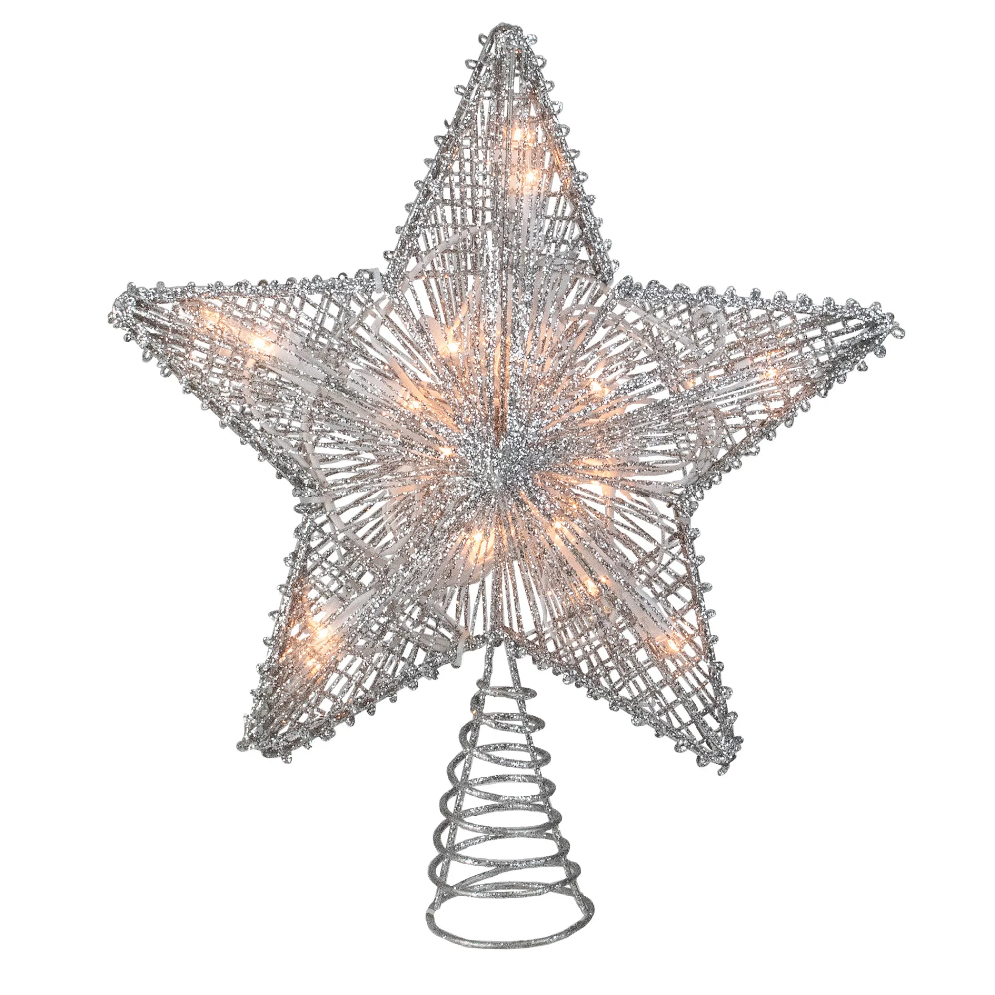 Kurt Adler Stars-10" Lighted Silver Glittered Star Christmas Tree Topper - Clear Lights