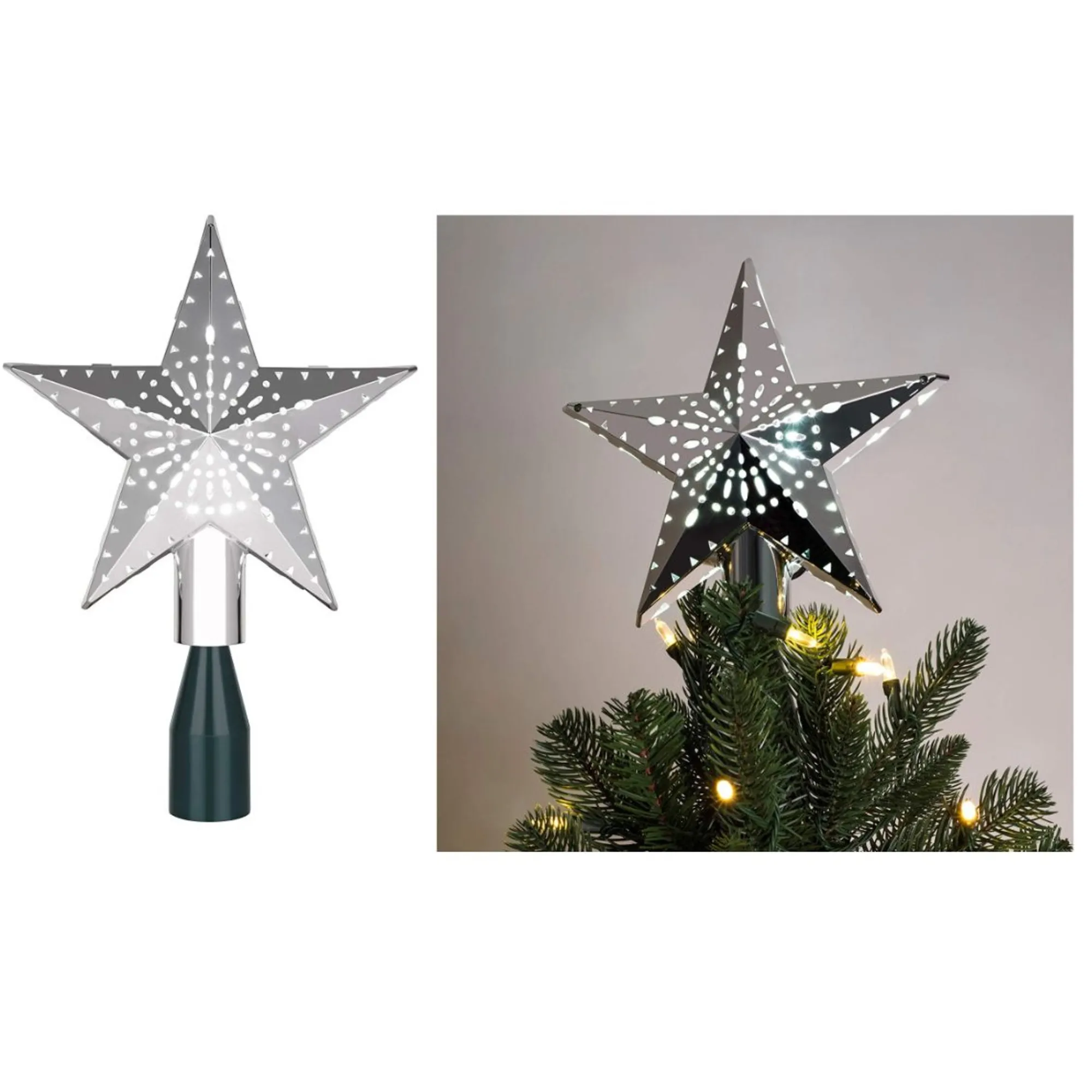 Mr. Christmas Stars-11.5" Lighted Silver Kaleidoscope Star Christmas Tree Topper - Cool White Lights