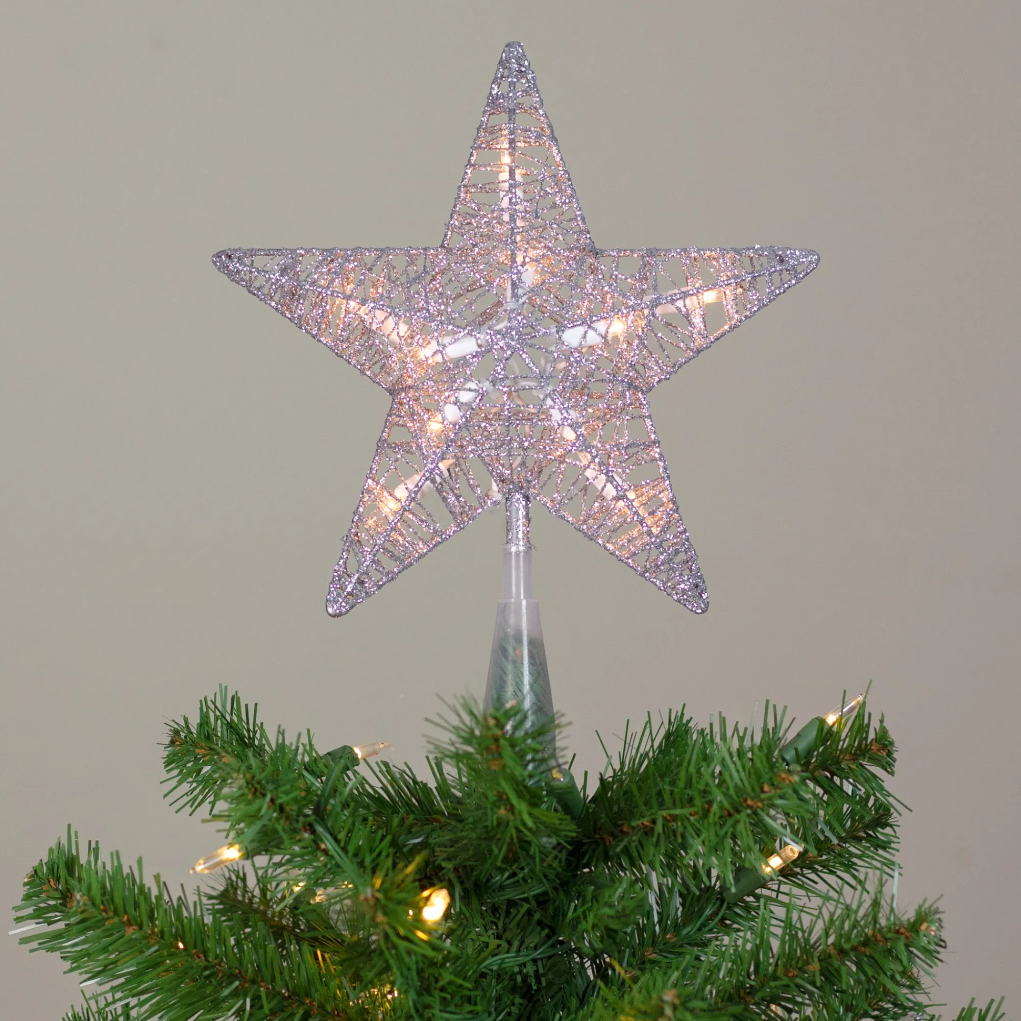 Northlight Stars-9.5" Lighted Silver Star Christmas Tree Topper - Clear Lights