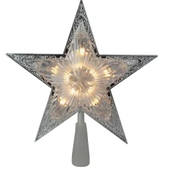 Kurt Adler Stars-11" Lighted Silver Star With Cut-Out Design Christmas Tree Topper - Clear Lights