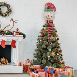 Northlight Stars-22" Lighted Snowman Wearing A Red Frosted Hat With Pine Christmas Tree Topper
