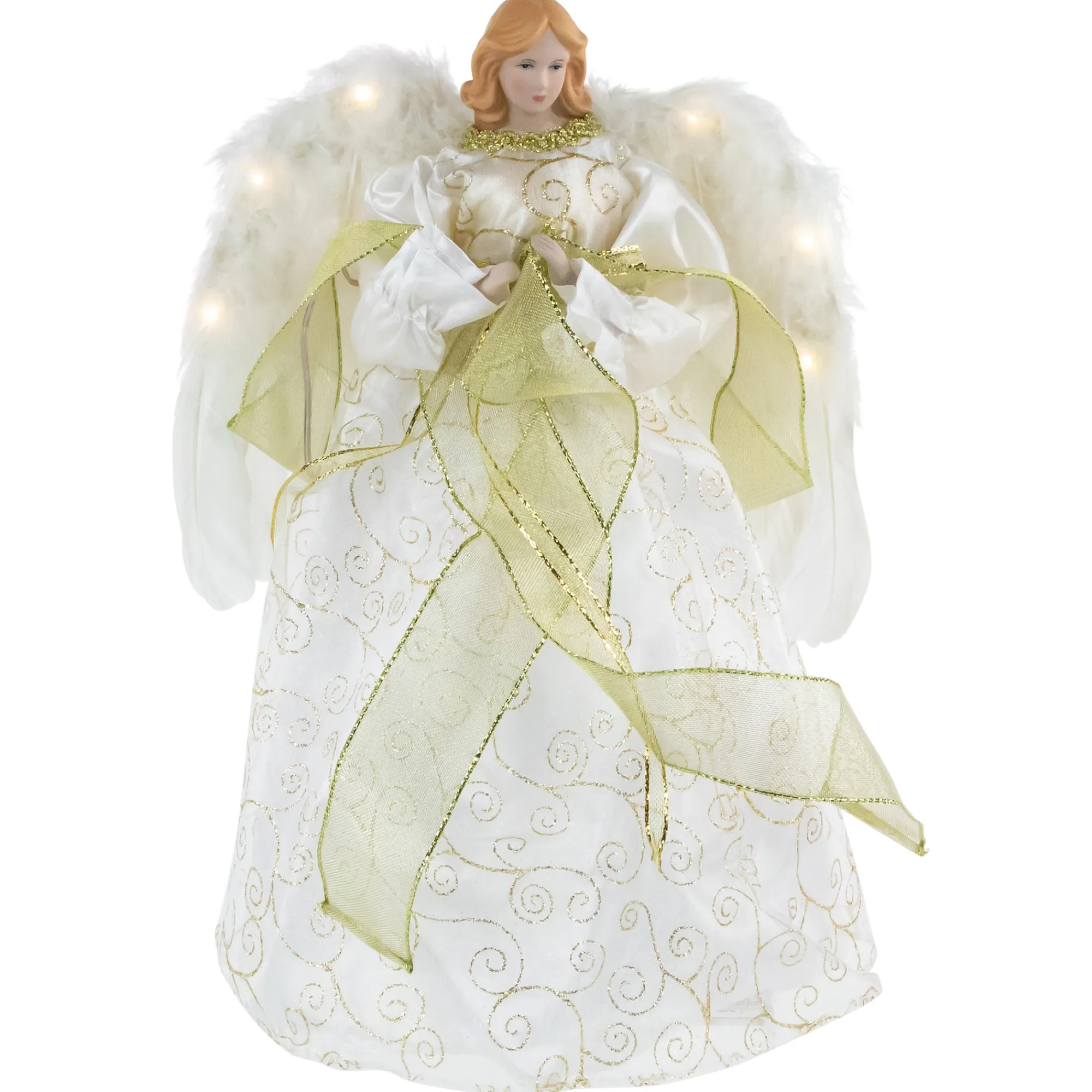 Northlight Angels-14" Lighted White And Gold Angel In A Dress Christmas Tree Topper - Warm White Lights