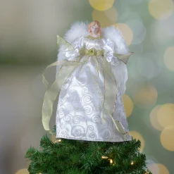 Northlight Angels-14" Lighted White And Gold Angel In A Dress Christmas Tree Topper - Warm White Lights