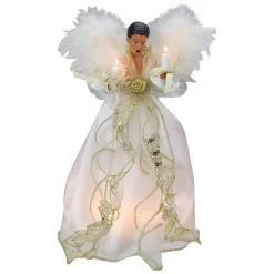 Kurt Adler Angels-12" Lighted White And Gold African American Angel With Wings Christmas Tree Topper - Clear Lights - 33752039
