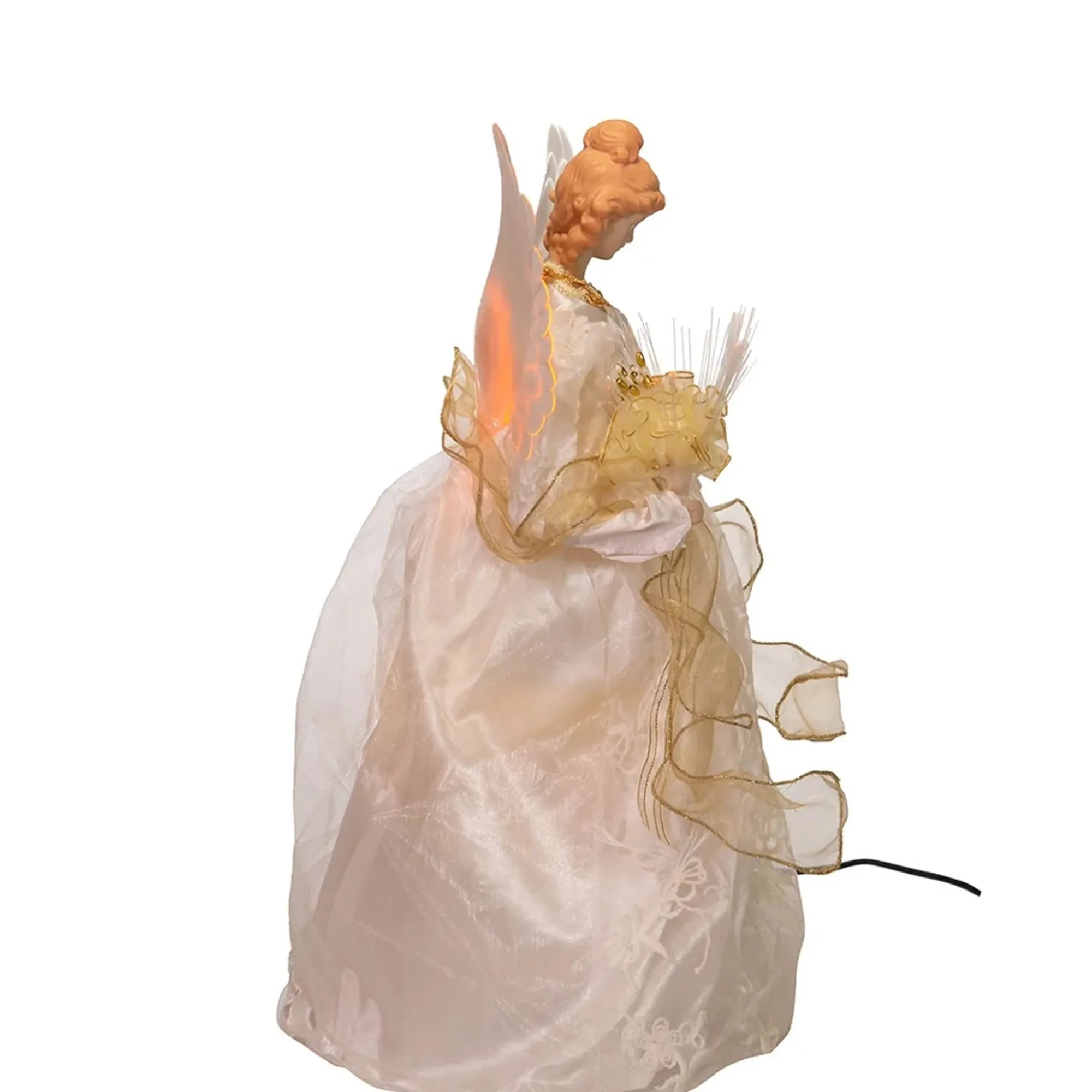 KSA Stars-16.25" Lighted White And Gold Angel Design Christmas Tree Topper, Warm White Lights
