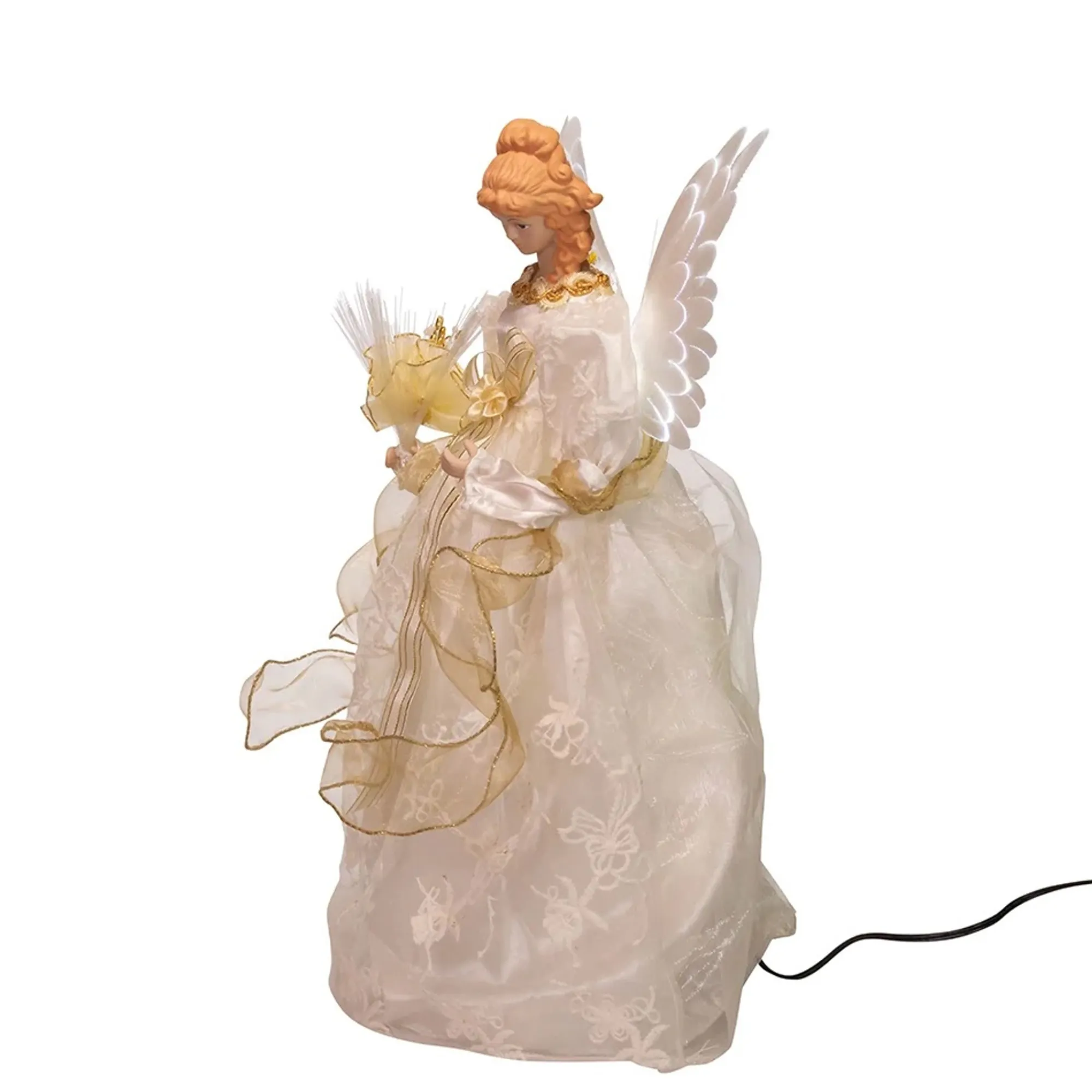 KSA Stars-16.25" Lighted White And Gold Angel Design Christmas Tree Topper, Warm White Lights
