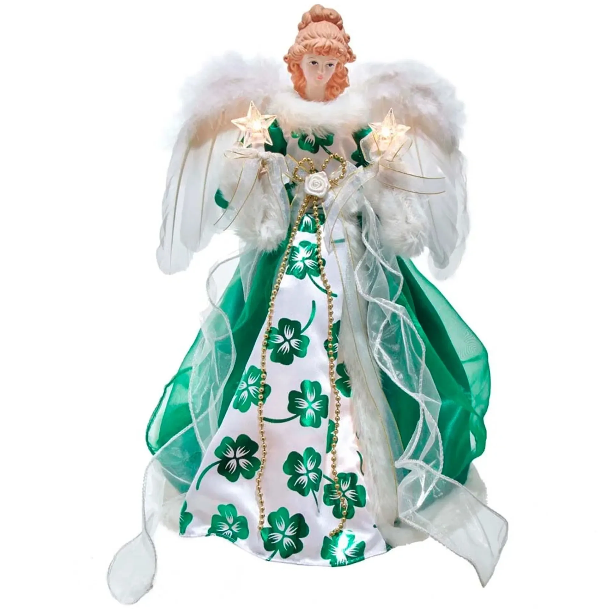 KSA Stars-18.25" Lighted White And Green Irish Angel Christmas Tree Topper, Clear Lights