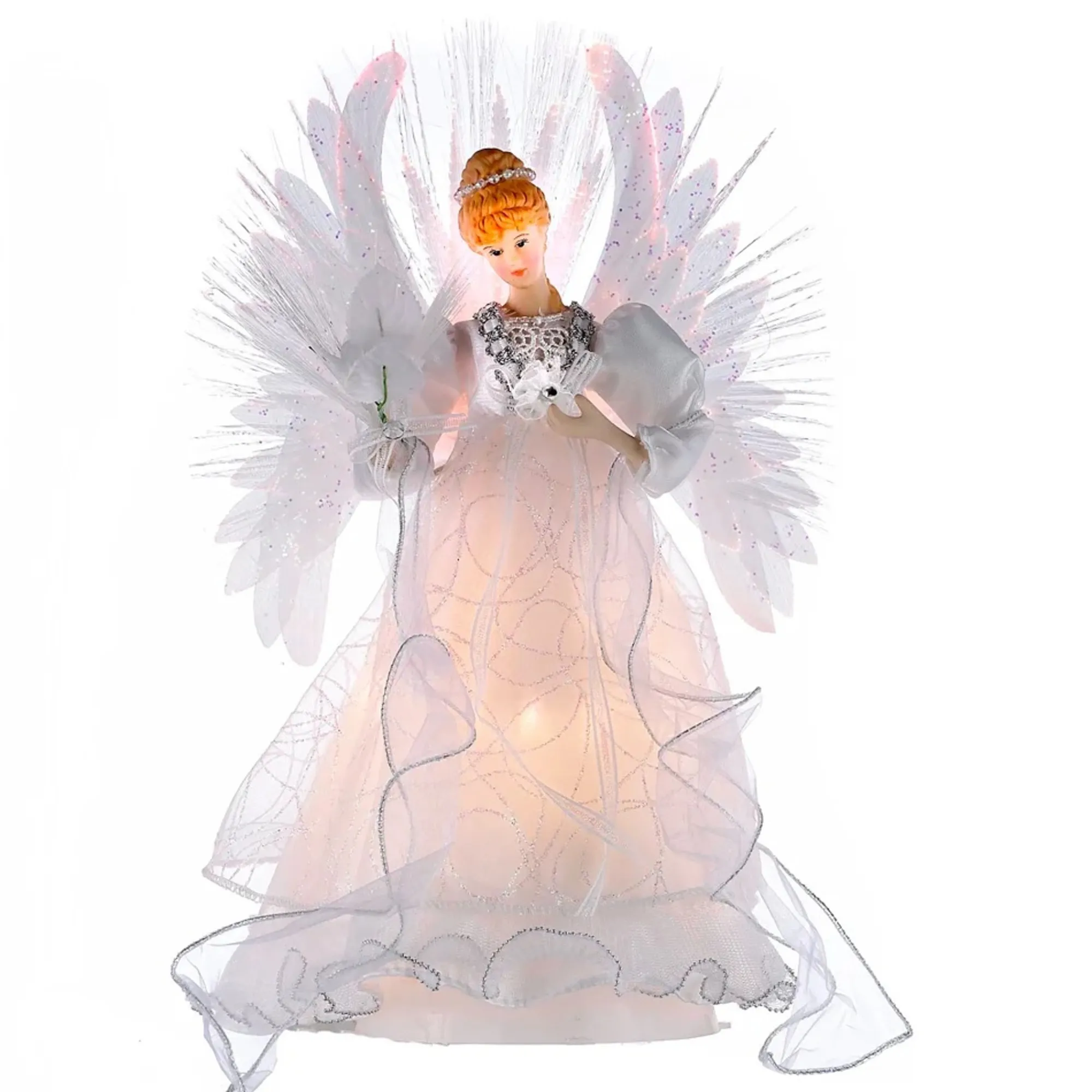 KSA Stars-14.5" Lighted White And Ivory Fiber Optic Led Angel Christmas Tree Topper, Clear Lights