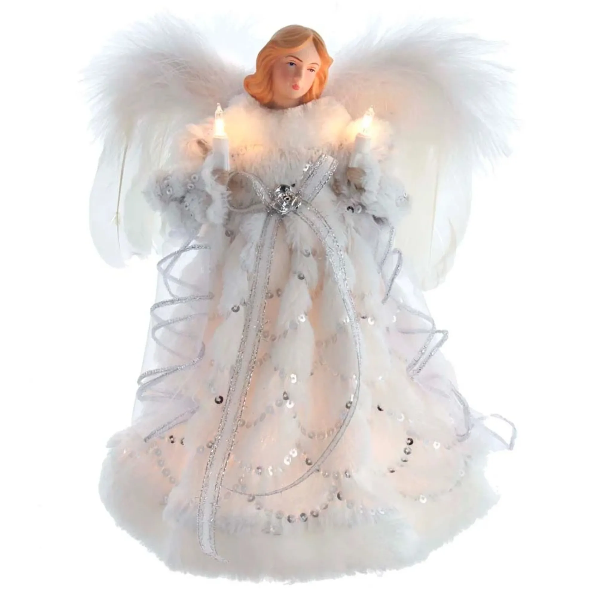 KSA Stars-12.25" Lighted White And Silver Angel Christmas Tree Topper, Clear Lights