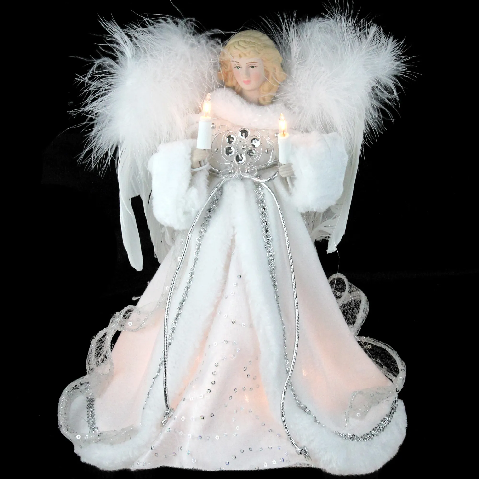 Kurt Adler Angels-12" Lighted White And Silver Sequin Angel Christmas Tree Topper - Clear Lights
