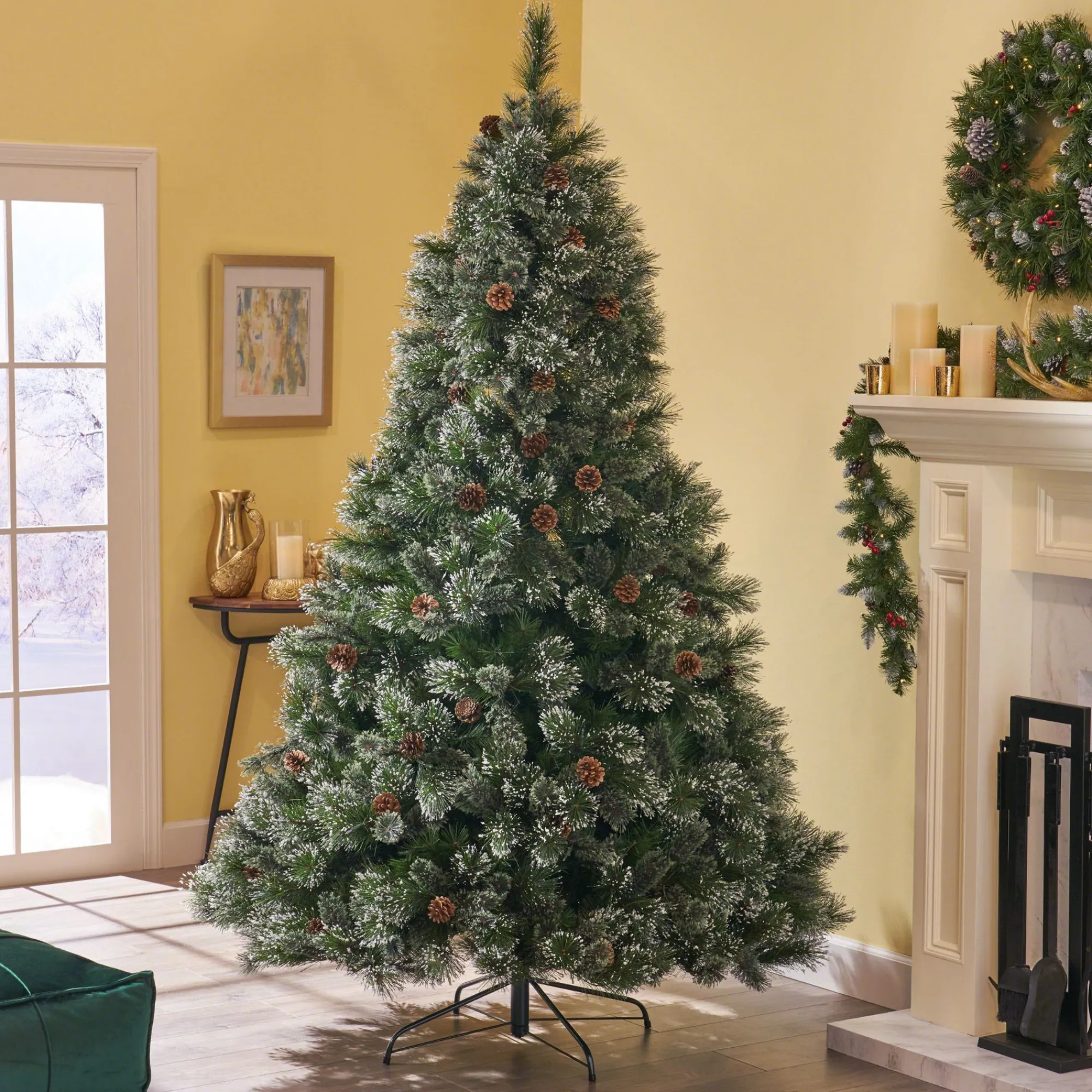 Contemporary Home Living Unlit-9' Medium Cashmere Pine And Mixed Spruce Artificial Christmas Tree With Snowy Branches - Unlit
