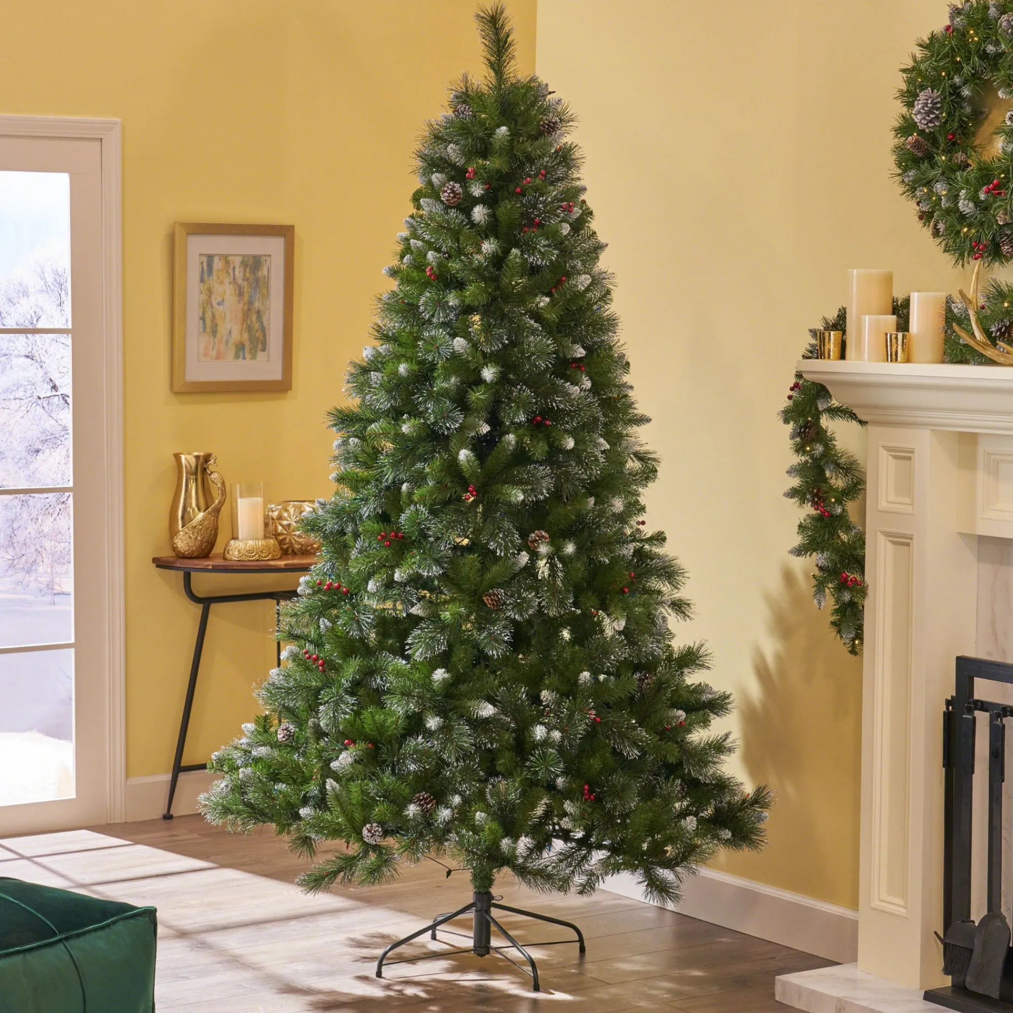 Contemporary Home Living Unlit-9' Medium Mixed Spruce Artificial Christmas Tree With Glitter Branches And Pinecones - Unlit