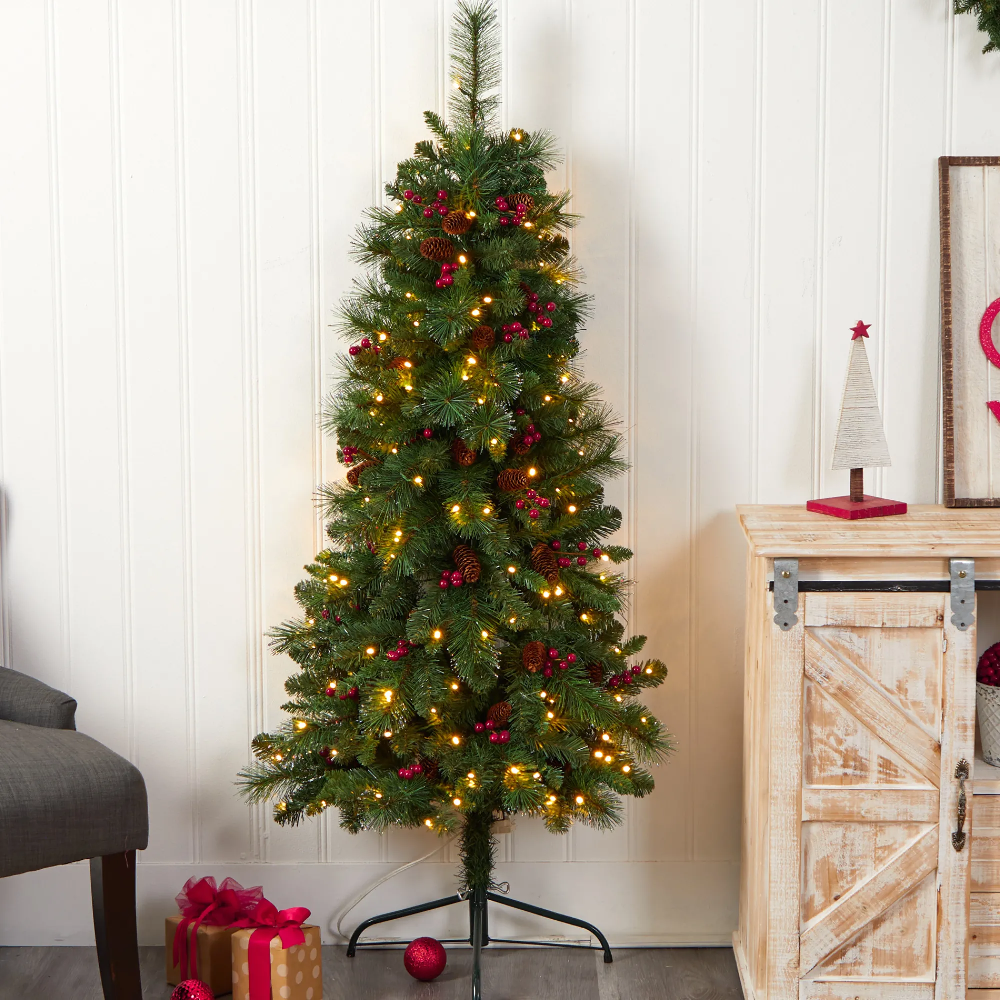 Nearly Natural Wall Trees-5' Pre-Lit Flat Back Montreal Pine Artificial Christmas Wall Tree, Clear Led Lights