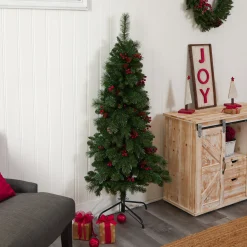 Nearly Natural Wall Trees-5' Pre-Lit Flat Back Montreal Pine Artificial Christmas Wall Tree, Clear Led Lights