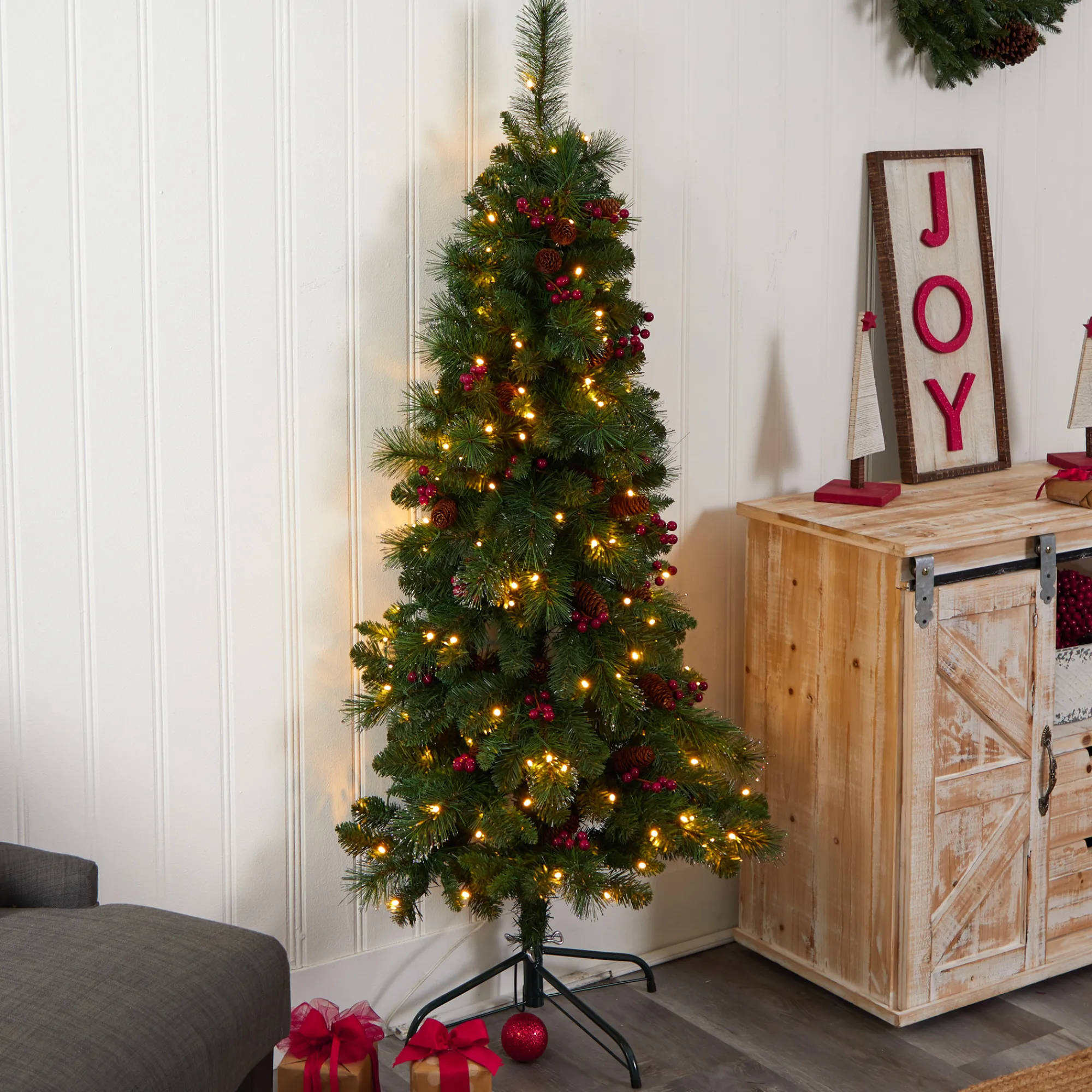 Nearly Natural Wall Trees-5' Pre-Lit Flat Back Montreal Pine Artificial Christmas Wall Tree, Clear Led Lights