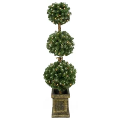 Northlight Topiaries-4.5' Pre-Lit Frosted Triple Ball Artificial Topiary Tree In Decorative Pot - Clear Lights