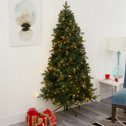 Nearly Natural Wall Trees-6' Pre-Lit Grand Teton Flat Back Artificial Christmas Wall Tree, Warm Clear Led Lights