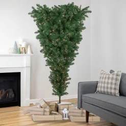 Northlight Upside Down-7.5' Pre-Lit Green Upside Down Spruce Artificial Christmas Tree, Clear Lights