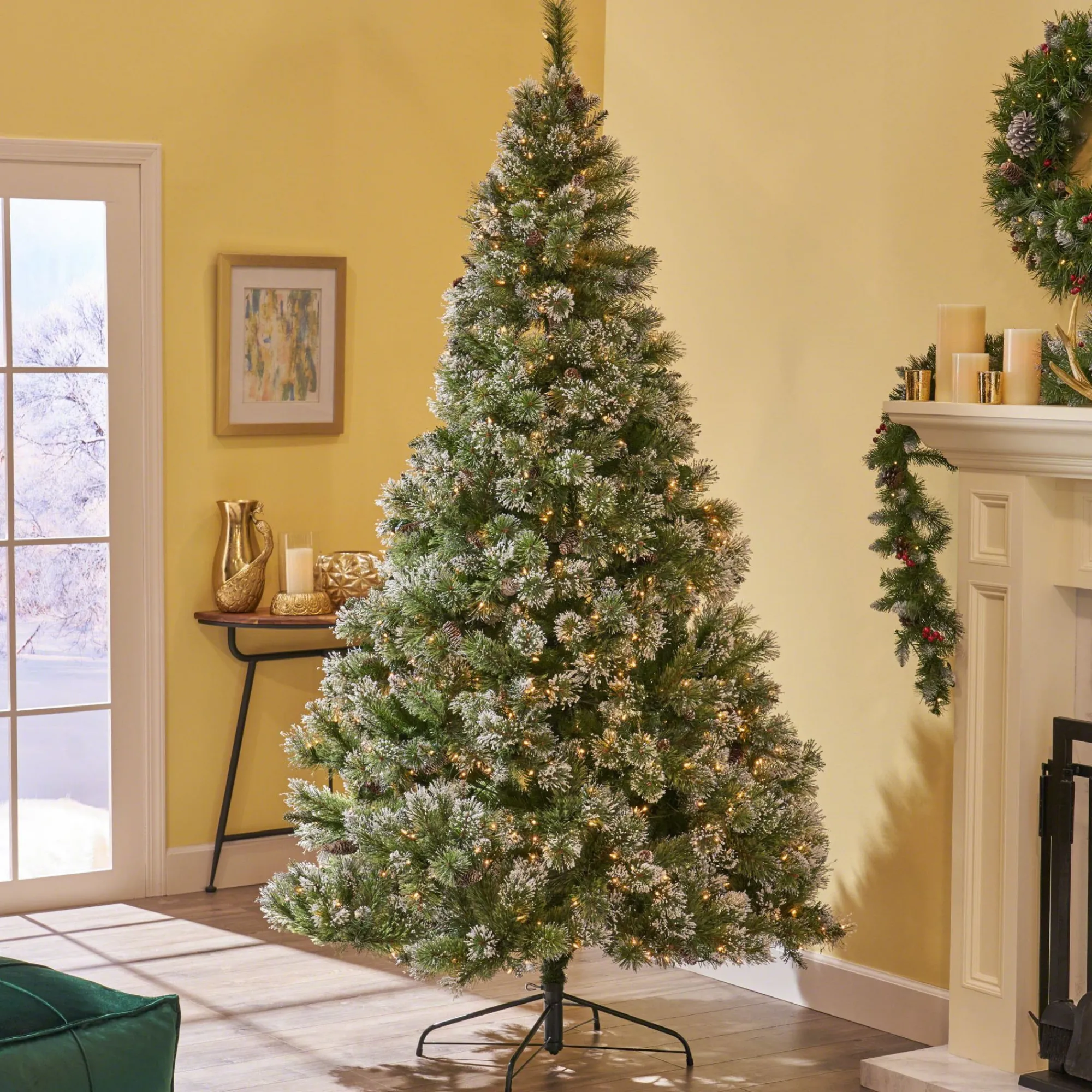 Contemporary Home Living Pre-Lit-7' Pre-Lit Medium Mixed Frosted Spruce Artificial Christmas Tree - Clear Lights