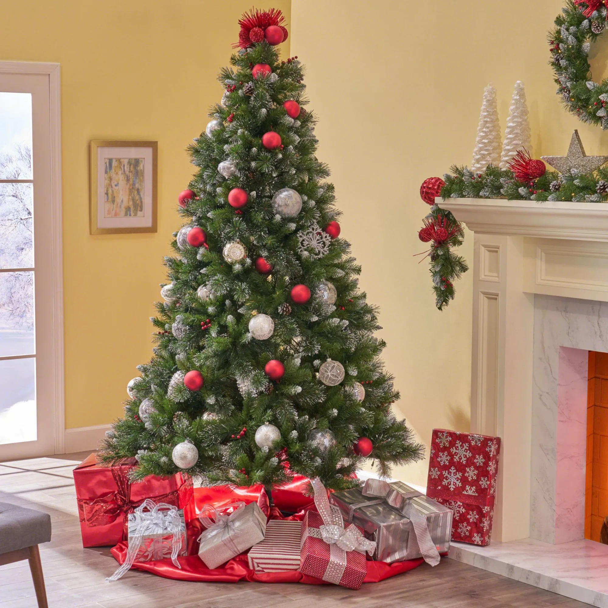 Contemporary Home Living Pre-Lit-9' Pre-Lit Medium Mixed Spruce Artificial Christmas Tree With Glittered Branches - Clear Lights